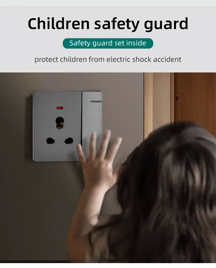 3 Pin 6Amp+16Amp Switched Wall Socket With Indicator And Big Switch - Grey 