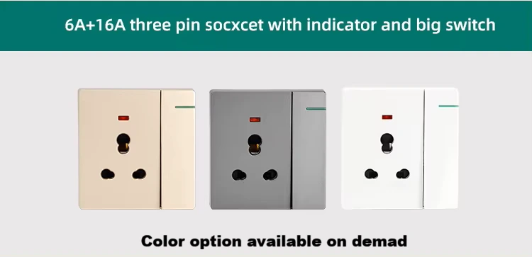 3 Pin 6Amp+16Amp Switched Wall Socket With Indicator And Big Switch - Grey 