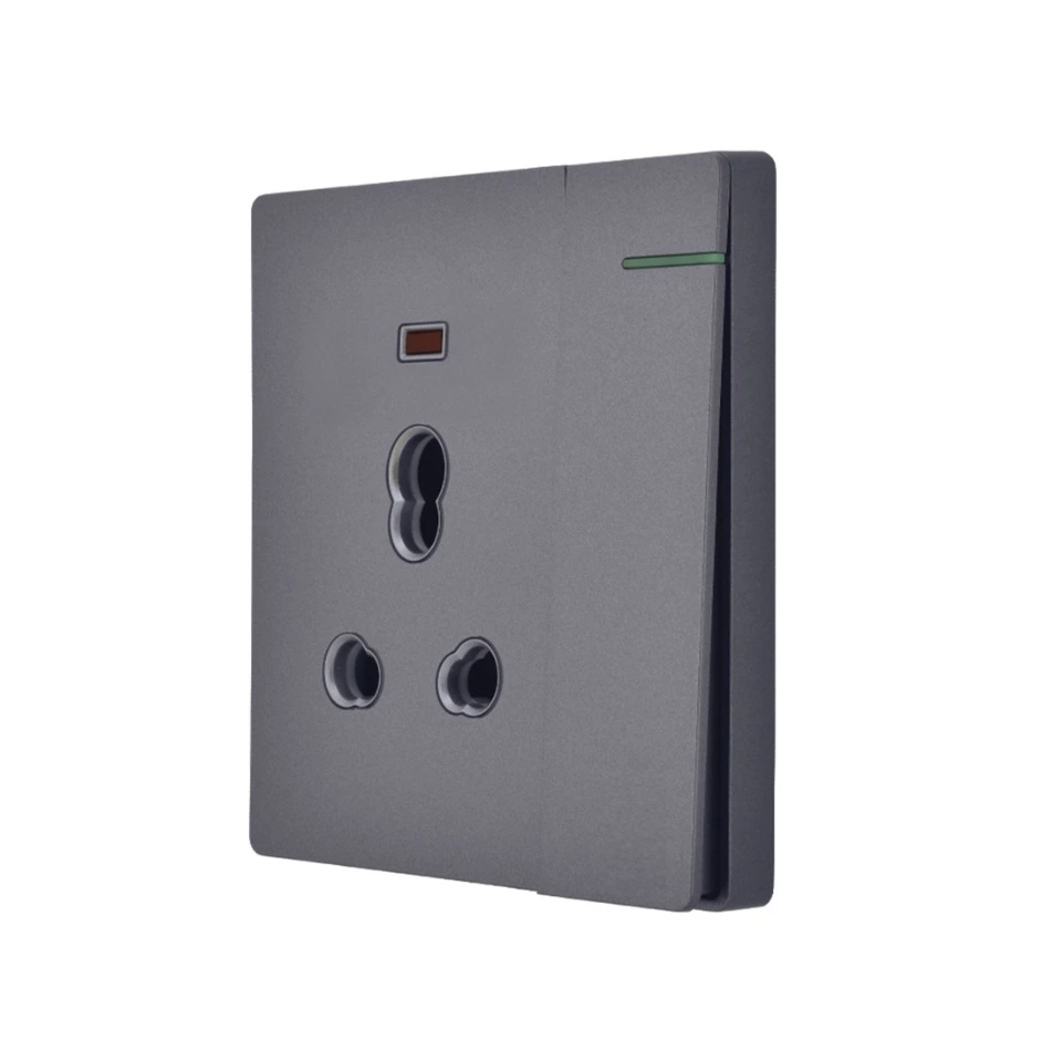 3 Pin 6Amp+16Amp Switched Wall Socket With Indicator And Big Switch - Grey(86 Type Gang Box Compatible)
