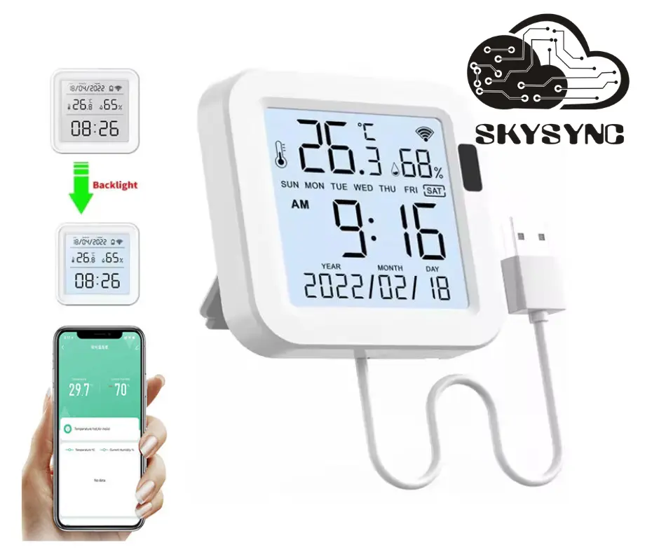Smart Wifi Temperature and Humidity Sensor With Large Screen&Backlight Digital LCD Thermometer Hygrometer Work Alexa Google